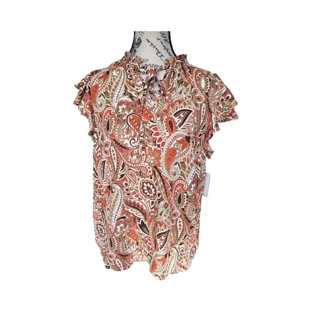 1. State Floral Paisley Flutter Sleeve Tie Neck Blouse NWT Size M